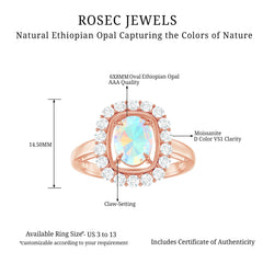 6x8mm Oval Cut Ethiopian Opal Halo Engagement Ring with Moissanite