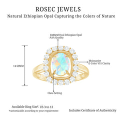 6x8mm Oval Cut Ethiopian Opal Halo Engagement Ring with Moissanite