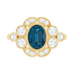 Real Oval London Blue Topaz Vintage Engagement Ring with Diamond