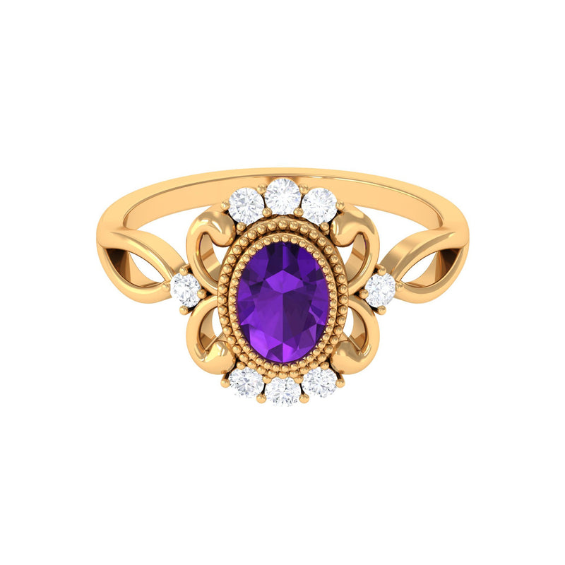 1.5 CT Vintage Inspired Oval Amethyst Engagement Ring with Diamond