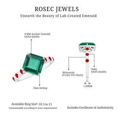 Lab Created Emerald Engagement Ring with Lab Created Ruby and Moissanite