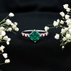 Lab Created Emerald Engagement Ring with Lab Created Ruby and Moissanite