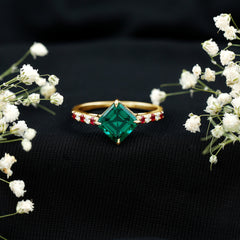 Lab Created Emerald Engagement Ring with Lab Created Ruby and Moissanite