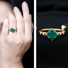 Lab Created Emerald Engagement Ring with Lab Created Ruby and Moissanite