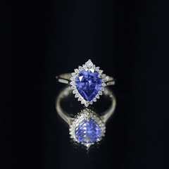 Certified 3 Carat Lab Grown Blue Sapphire Pear Shaped Engagement Ring with Diamond Halo