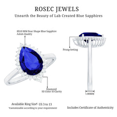 Certified 3 Carat Lab Grown Blue Sapphire Pear Shaped Engagement Ring with Diamond Halo