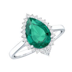 Certified 7X10 mm Lab Grown Emerald Teardrop Engagement Ring with Diamond Halo