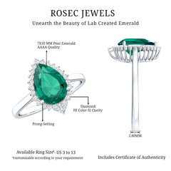 Certified 7X10 mm Lab Grown Emerald Teardrop Engagement Ring with Diamond Halo
