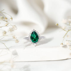 Certified 7X10 mm Lab Grown Emerald Teardrop Engagement Ring with Diamond Halo