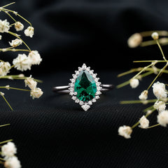 Certified 7X10 mm Lab Grown Emerald Teardrop Engagement Ring with Diamond Halo