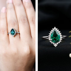 Certified 7X10 mm Lab Grown Emerald Teardrop Engagement Ring with Diamond Halo