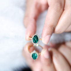 Certified 7X10 mm Lab Grown Emerald Teardrop Engagement Ring with Diamond Halo