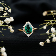 Certified 7X10 mm Lab Grown Emerald Teardrop Engagement Ring with Diamond Halo