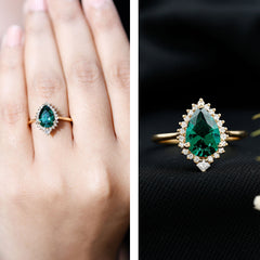 Certified 7X10 mm Lab Grown Emerald Teardrop Engagement Ring with Diamond Halo