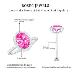 Oval Cut Created Pink Sapphire and Diamond Halo Ring