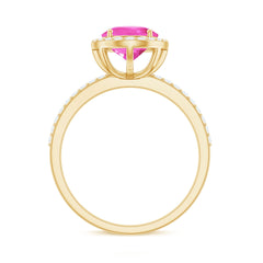 Oval Cut Created Pink Sapphire and Diamond Halo Ring