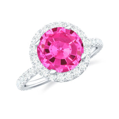 2.25 Carat Round Lab Grown Pink Sapphire and Diamond Engagement Ring