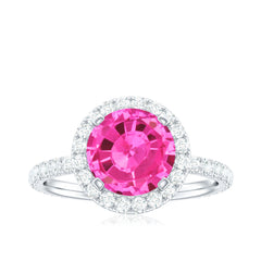 2.25 Carat Round Lab Grown Pink Sapphire and Diamond Engagement Ring