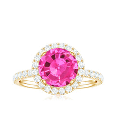 2.25 Carat Round Lab Grown Pink Sapphire and Diamond Engagement Ring