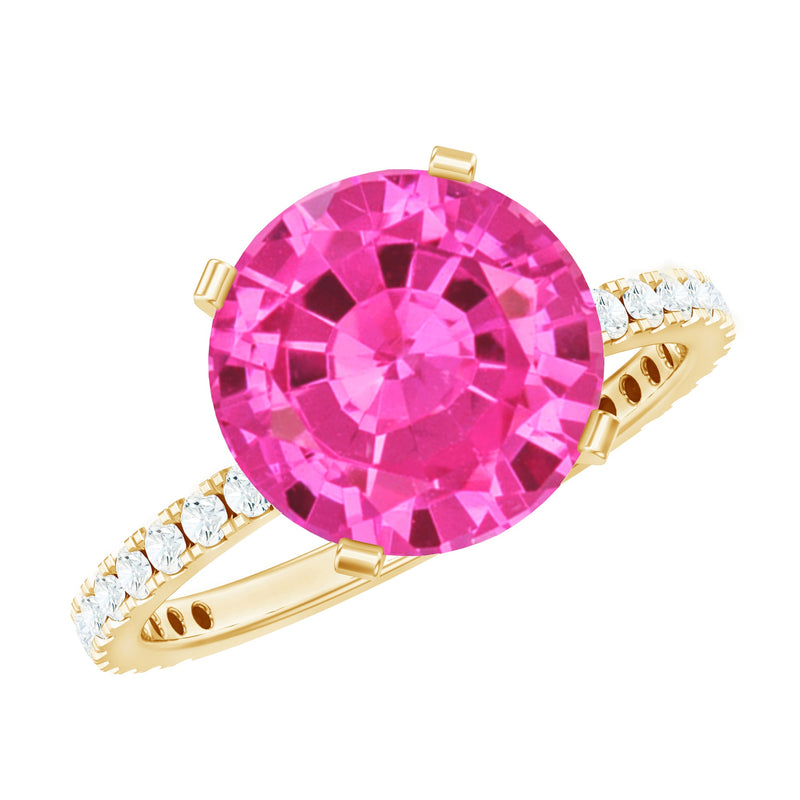 Round Created Pink Sapphire Solitaire Engagement Ring with Diamond