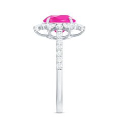 Created Pink Sapphire Cocktail Ring with Moissanite Floral Halo