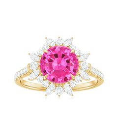 Created Pink Sapphire Cocktail Ring with Moissanite Floral Halo