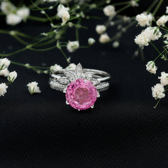 Floral Inspired Lab Grown Pink Sapphire Bridal Wedding Ring Set With Moissanite