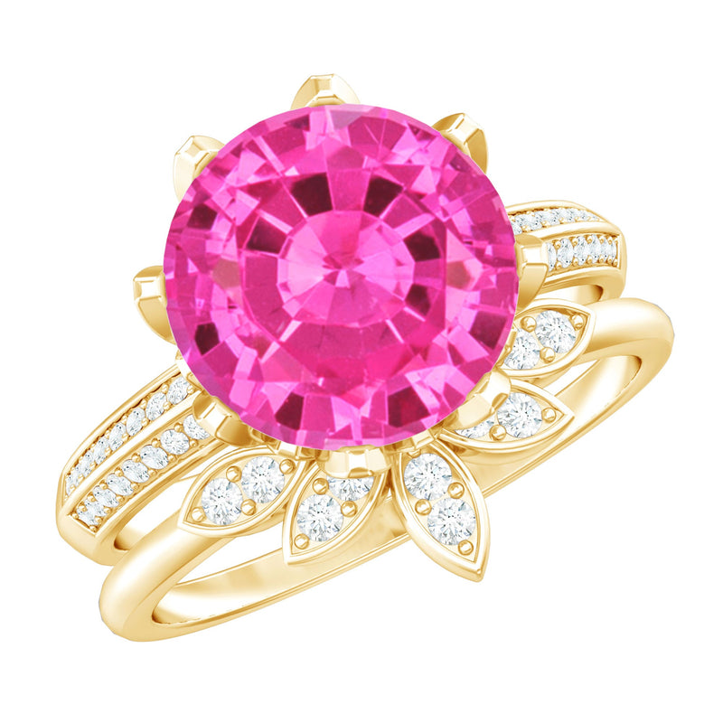 Floral Inspired Lab Grown Pink Sapphire Bridal Wedding Ring Set With Moissanite