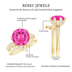 Floral Inspired Lab Grown Pink Sapphire Bridal Wedding Ring Set With Moissanite