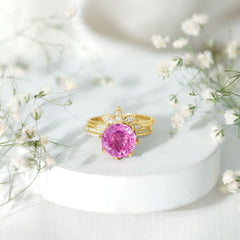 Floral Inspired Lab Grown Pink Sapphire Bridal Wedding Ring Set With Moissanite