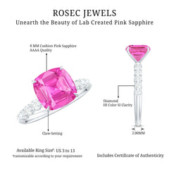2.75 Carat Cushion Cut Lab Created Pink Sapphire Engagement Ring with Diamond