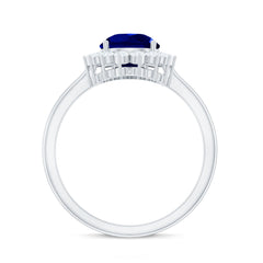Certified 3.3 Carat Lab Grown Pear Shaped Blue Sapphire Engagement Ring with Diamond Halo