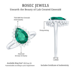 7X10 mm Pear Cut Lab Created Emerald Halo Engagement Ring with Diamond