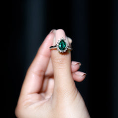 7X10 mm Pear Cut Lab Created Emerald Halo Engagement Ring with Diamond