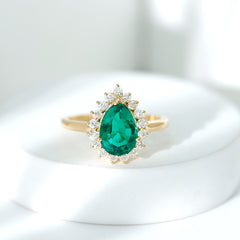 7X10 mm Pear Cut Lab Created Emerald Halo Engagement Ring with Diamond