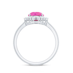 Pear Created Pink Sapphire and Diamond Halo Engagement Ring