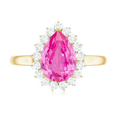 Pear Created Pink Sapphire and Diamond Halo Engagement Ring