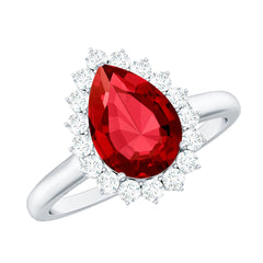 Certified 2.9 Carat Lab Grown Ruby Teardrop Engagement Ring with Diamond Halo