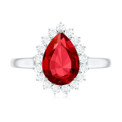 Certified 2.9 Carat Lab Grown Ruby Teardrop Engagement Ring with Diamond Halo