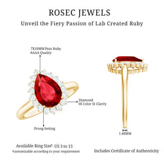 Certified 2.9 Carat Lab Grown Ruby Teardrop Engagement Ring with Diamond Halo