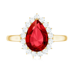Certified 2.9 Carat Lab Grown Ruby Teardrop Engagement Ring with Diamond Halo