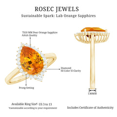 Certified 2.5 Carat Lab Grown Orange Sapphire Engagement Ring with Real Diamond Halo