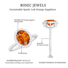 4 Carat Lab Grown Orange Sapphire Oval Engagement Ring with Diamond Halo