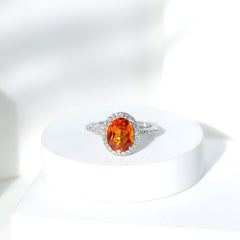 4 Carat Lab Grown Orange Sapphire Oval Engagement Ring with Diamond Halo