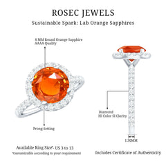 Certified 2.25 Carat Lab Grown Orange Sapphire Engagement Ring with Diamond Halo