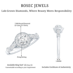 Certified 5 MM Lab Grown Diamond Halo Engagement Ring With Side Stones