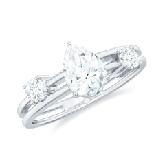 Pear Lab Grown Diamond Engagement Ring – Elegant Double Band Three Stone Design