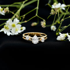 Pear Lab Grown Diamond Engagement Ring – Elegant Double Band Three Stone Design