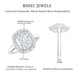 Certified 6X8 MM Oval Lab Grown Diamond Halo Engagement Ring