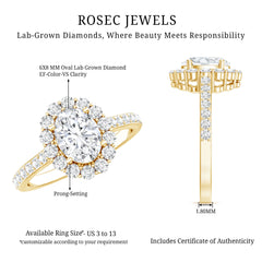 Lab Grown Diamond 6X8MM Oval Halo Engagement Ring With Side Stones